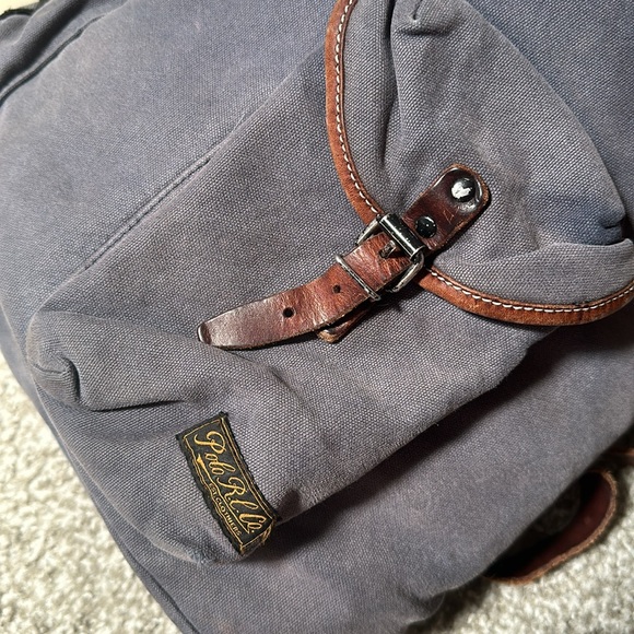 Polo Ralph Lauren RL Co Blue Canvas Brown Leather Backpack with Patches AS IS - Picture 6 of 16